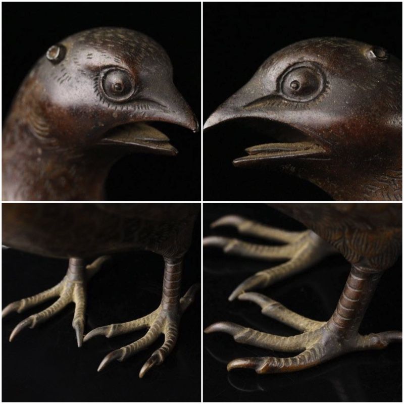 A Finely Crafted Bronze Quail Incense Burner from Edo (Temple Relic)