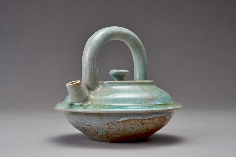 An Antique Celadon Chōshi for Sake with a Beautiful Gold Repair