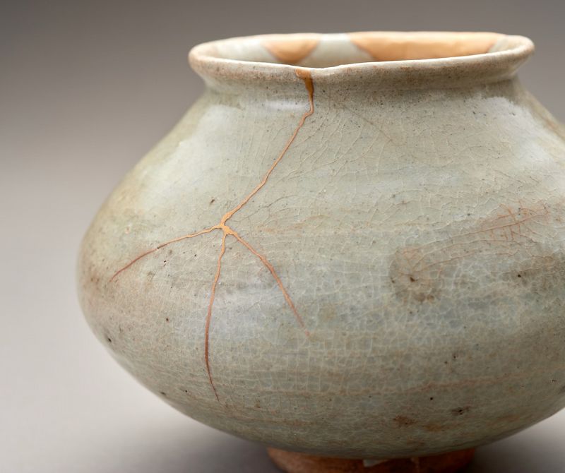 An Ancient Korean Celadon Vase with Gold Repairs