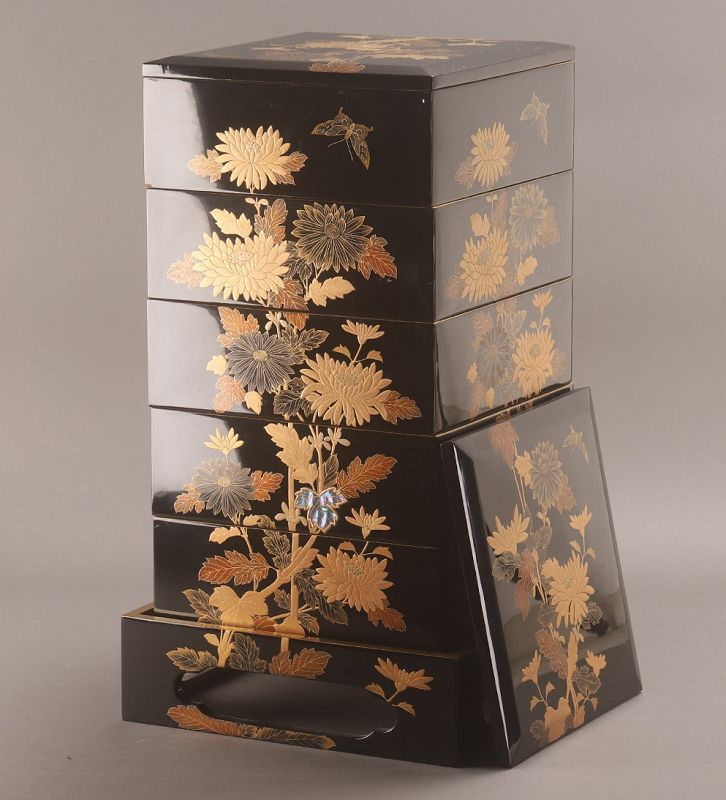 A Meiji Period Maki-e Hand Painted Five-tiered Jubako Set
