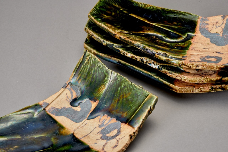 A Set of Four Sculptural Oribe Dishes by Takauchi Shugo (b. 1937)
