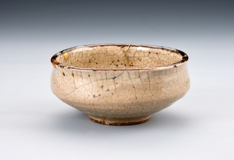 An Antique Karatsu Tea Bowl with Excellent Gold Repairs (Kintsugi)