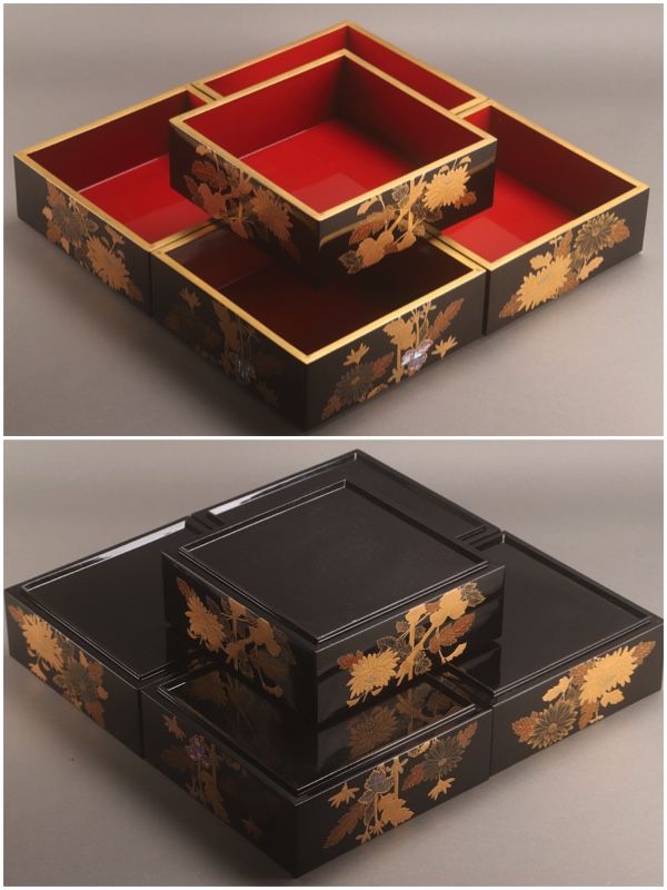 A Meiji Period Maki-e Hand Painted Five-tiered Jubako Set
