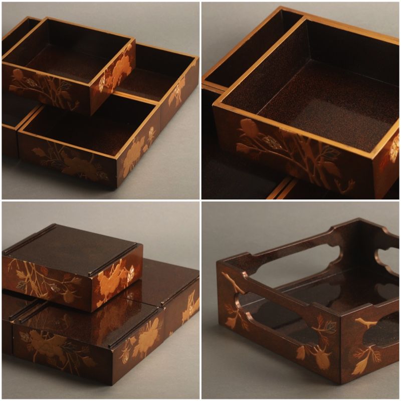 A Meiji Period Maki-e Gold Painted Five-tiered Jubako Set