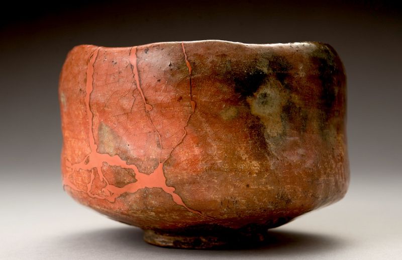 A Raku IX (Ryônyû) Red Tea Bowl with Extraordinary Lacquer Repairs
