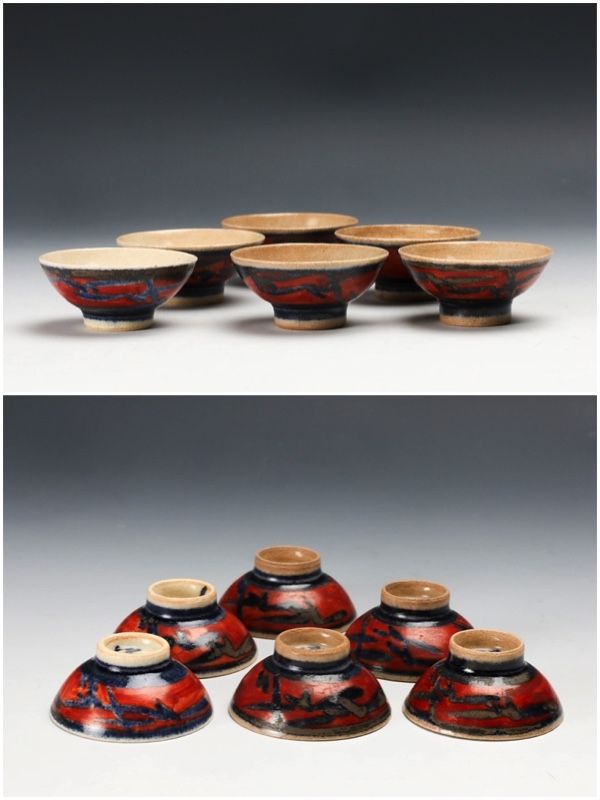 Painted Tokkuri and Cups by Living National Treasure Kondō Yuzō