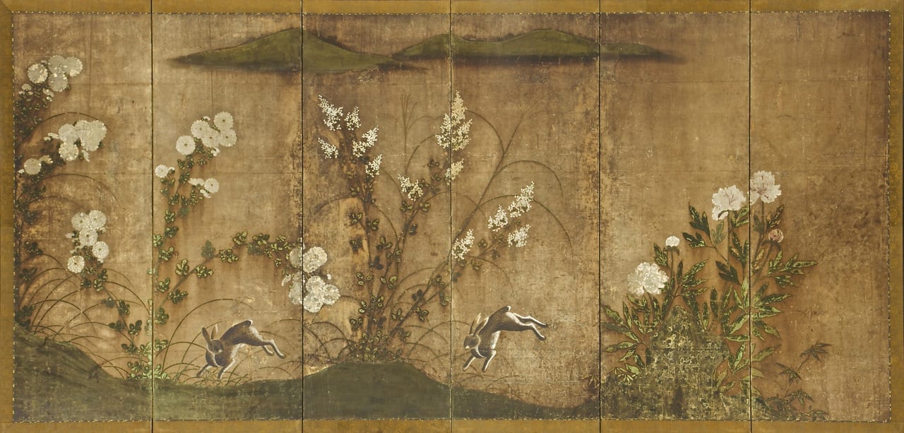 [Frolicking Rabbits] Edo Period 6-Panel Folding Screen